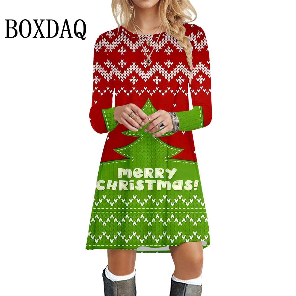Christmas Elk Party Dresses For Winter Long Sleeve A-Line Dress For Women Casual Christmas Tree Snowflake Print Mini Dress