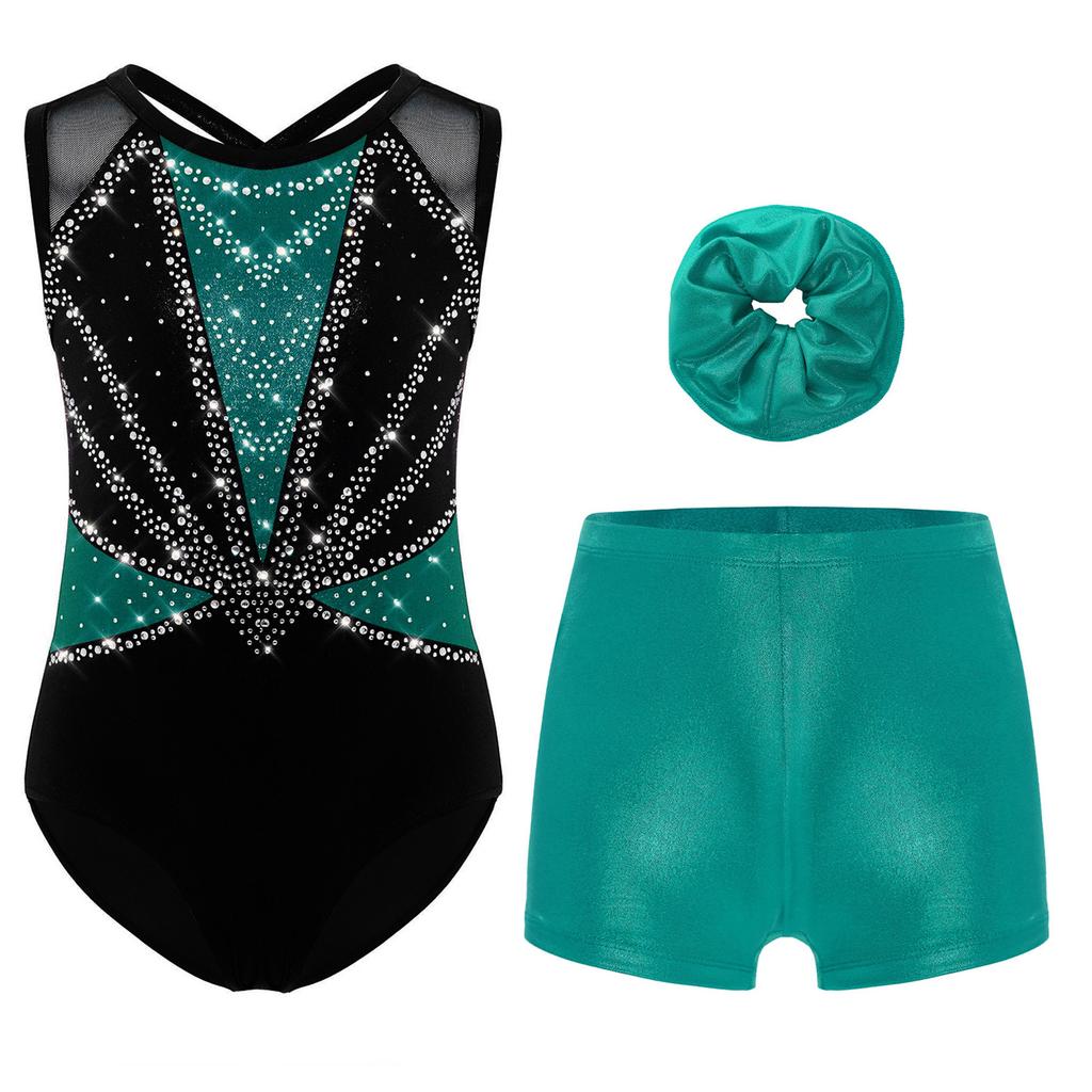 Girls 3 Piece Dance Set Sleeveless Metallic Leotard Criss Cross Back Rhinestones Color Block Design with Shorts Hairband