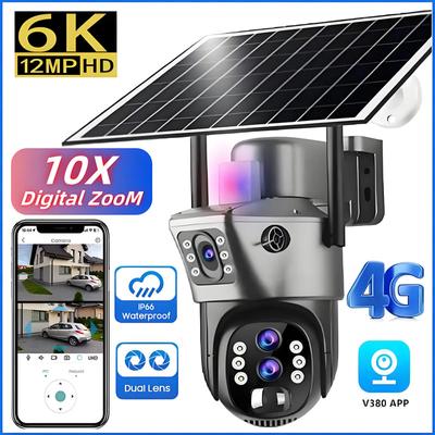 10x Zoom 4G SIM Ηλιακή κάμερα εξωτερικού χώρου 6K 12MP με τρεις φακούς HD νυχτερινή όραση IP Κάμερα επιτήρησης Προστασία ασφαλείας PTZ Κάμερα CCTV