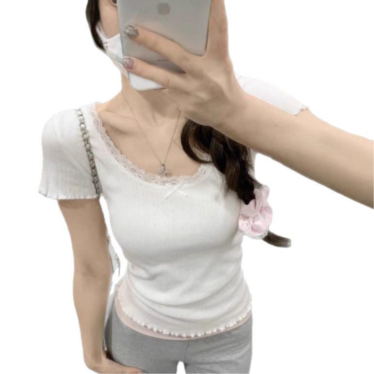 White Lace Slimming Women's Summer Short Sleeve Top