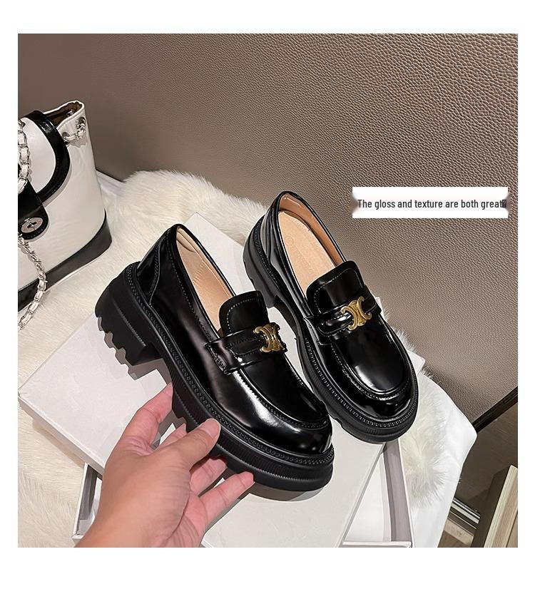 Black Leather British Style Platform Loafers for Women - Height Increasing Slip-on Arc De Triomphe Design