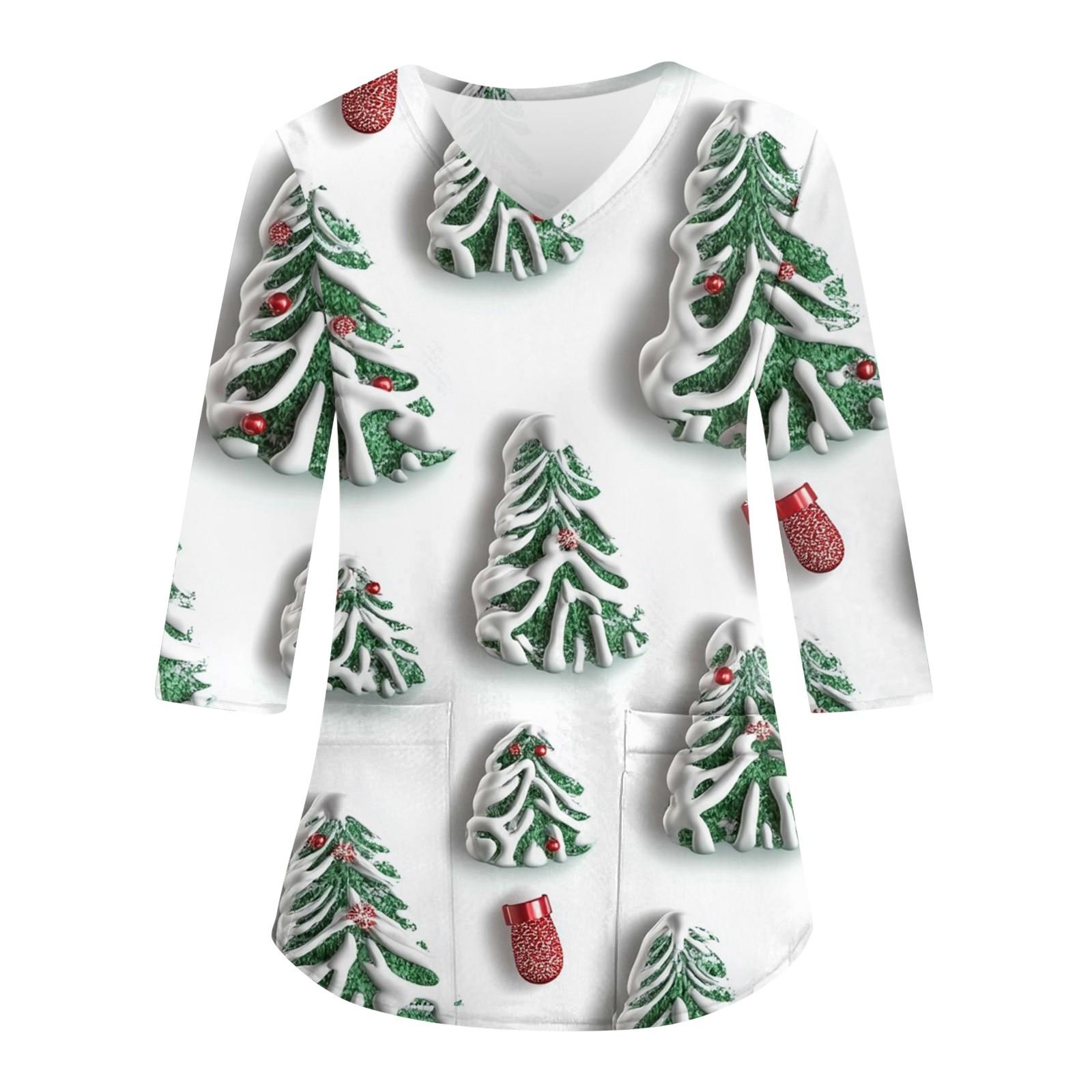 

Женский повседневный рождественский свободный V-образный вырез с карманом и принтом, рукава три четверти XXXXXL