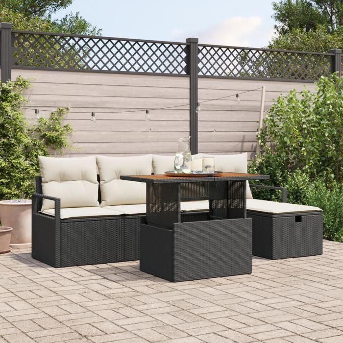 Set de Canapé de Jardin 6 Pièces avec Coussins Noir Rattan, Canapé de Jardin 2 Places avec Coussins Noir Rattan 3359988