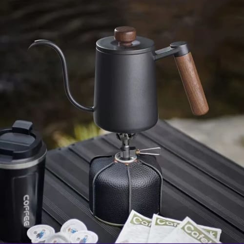 SOVIFKI Coffee Drip Pot with Measuring Cup, Walnut Wood Handle, Coffee Pot for Camping, Open Fire, with Lid, 580ML Stainless Steel Drip Kettle, Small,