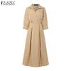 ZANZEA Women Turn Down Collar Loose Casual 3/4 Sleeve Long Dress