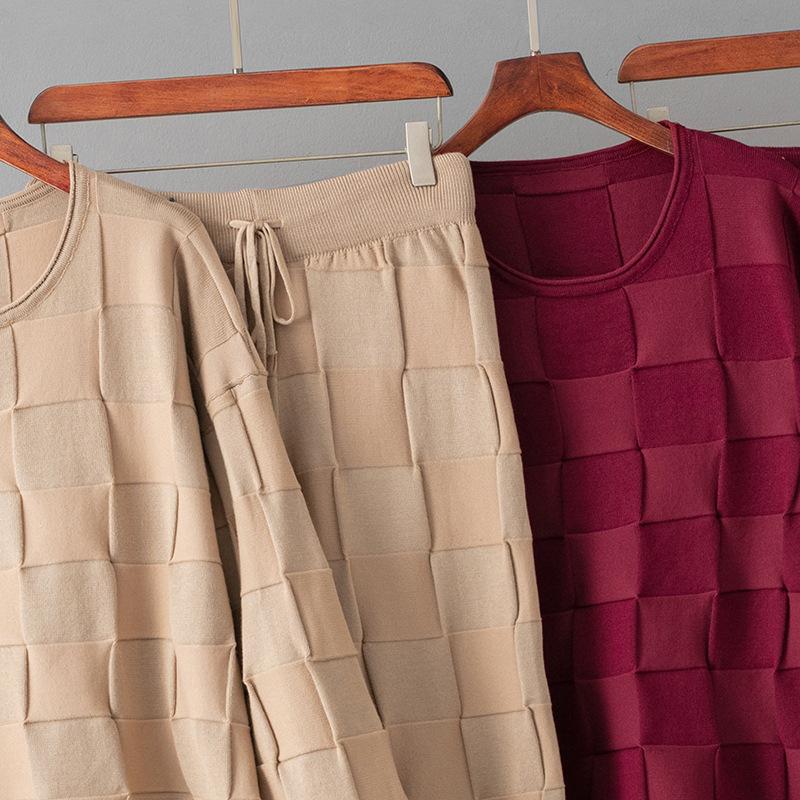 Wool Suit Autumn Checkered Crew Neck Top + Casual Sports Wide-leg Pants Two-piece Set for Women