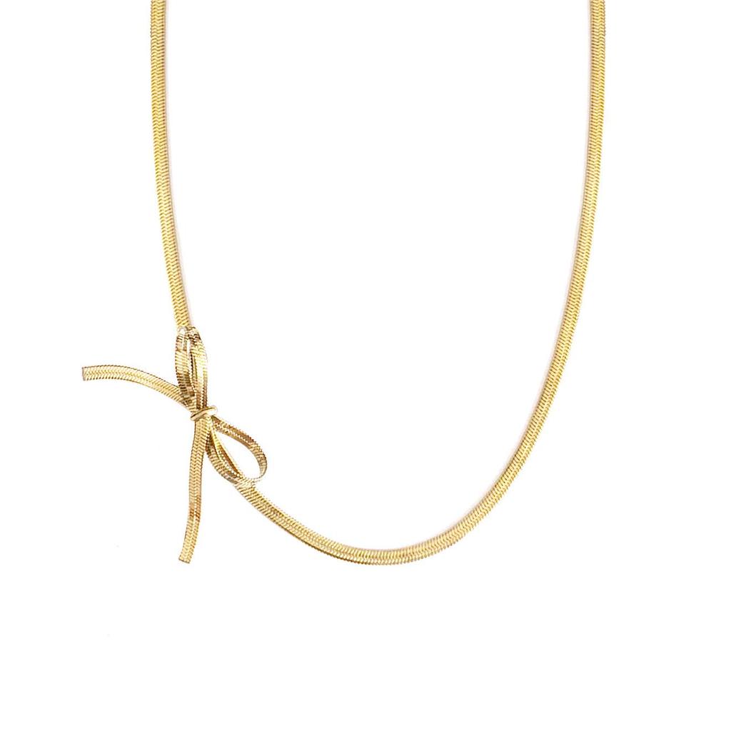 18K Gold-Plated Snake Bone Chain Necklace with Cross Bow Pendant