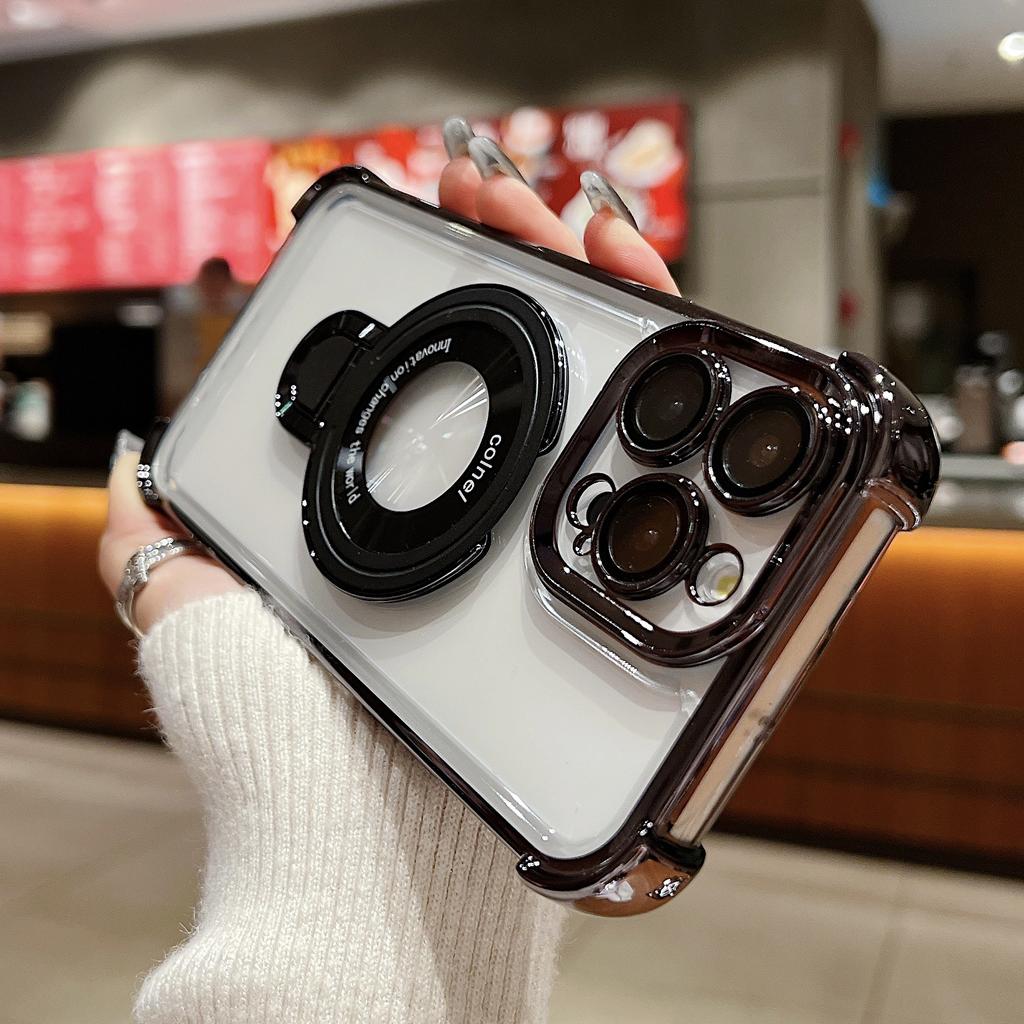 Fashion Plating Magnetic Bracket Case for 17 16 15 14 13 12 Pro Max Case With Holder Stand Shockproof Cover for Magsafe