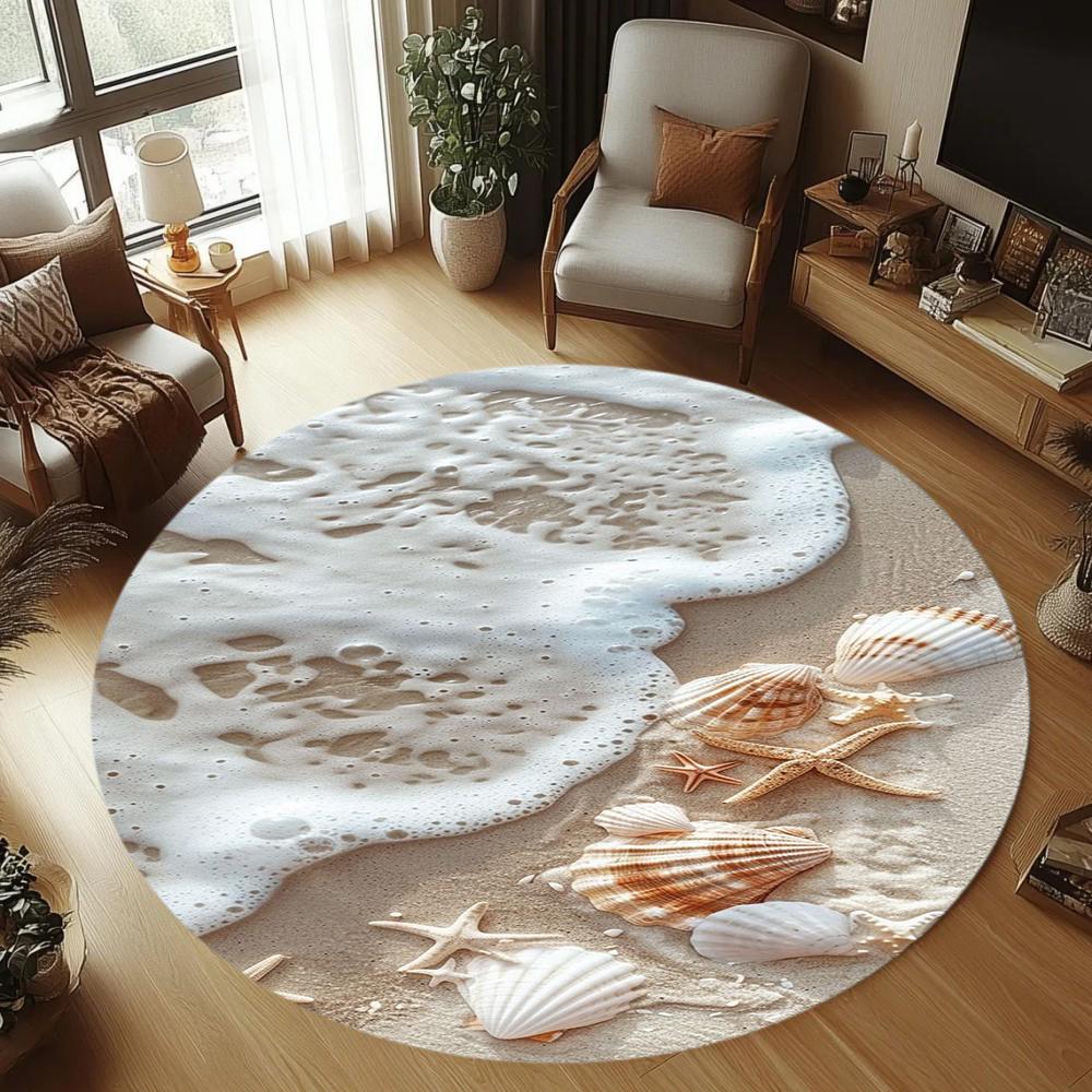 Wave Beach Printed Circular Carpet Nordic Style Minimalist Shell Starfish Carpet Living Room Bedroom Entrance Anti Slip Rug