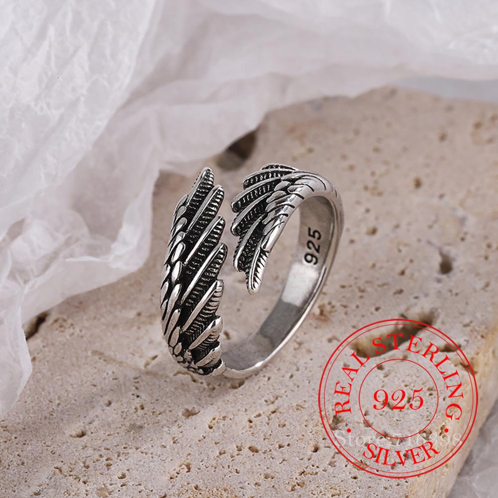 

925 Sterling Silver Retro Feather Rings For Women Luxury Designer Jewelry Gift Female Party Punk Ring One Size