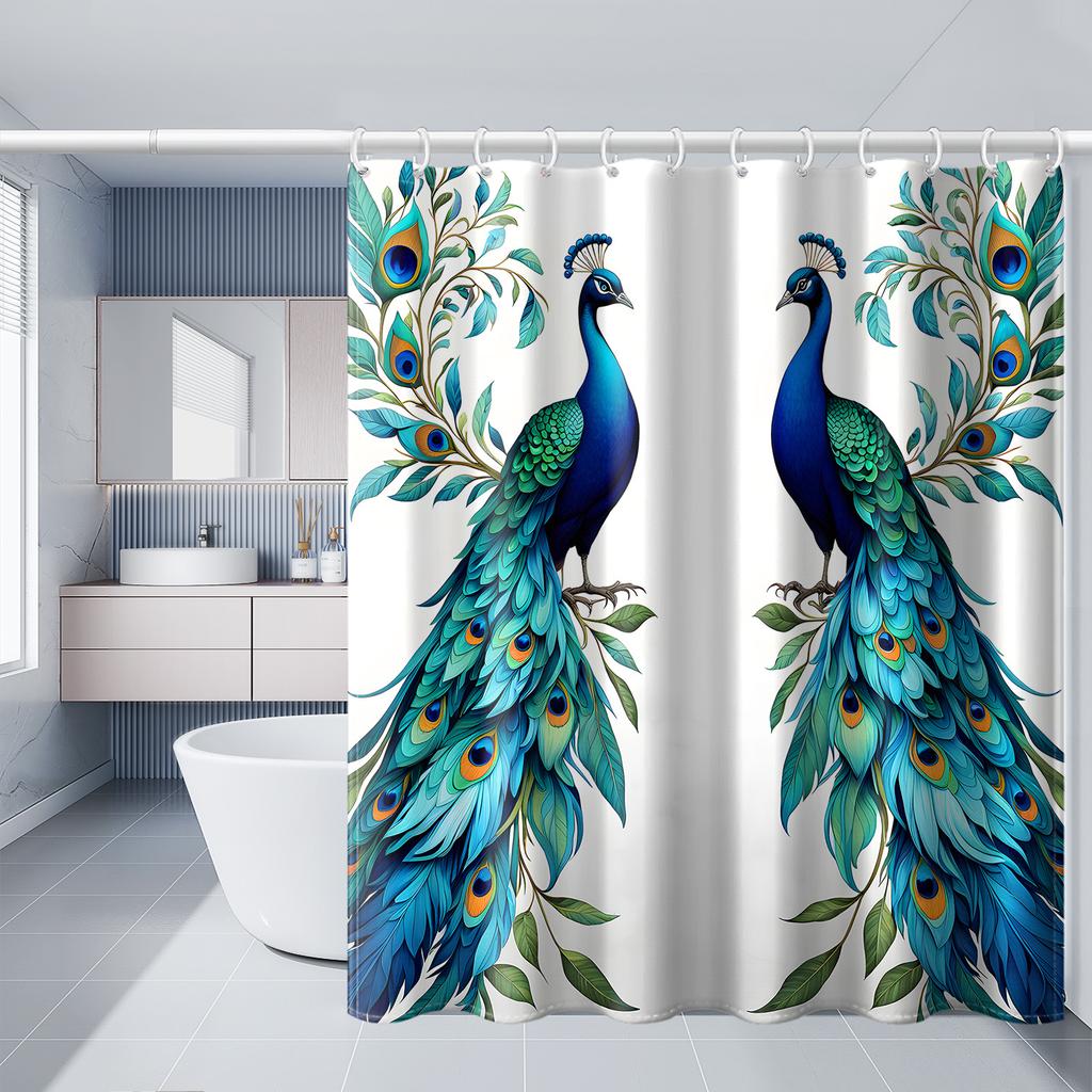 1pc Elegant Peacock Print Shower Curtain, 71x71 Inches, Polyester Fabric with Hooks, Vibrant Blue and Green Peacock Design,
