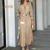 Fall Spring Women Dress Slim Waist Long Sleeves Split Hem Pure Color Lapel V Neck Shirt Type OL Commute Dating Maxi Dress