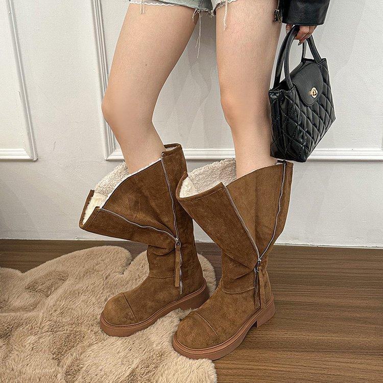 

Cowhide version~ large tube circumference velvet thick-soled snow boots women s 2025 new fur integrated warm knight boots long boots 35