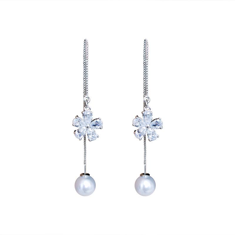 Women's Long Tassel Temperament Zircon Pendant Simple and Versatile Flowers To Prevent Each Earring