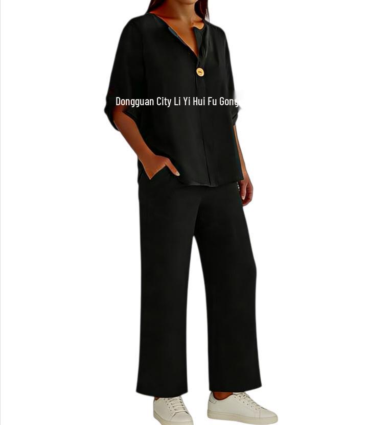 

Women s Casual V-neck Solid Color Three-Quarter Sleeve Pants Set 2026 XXL