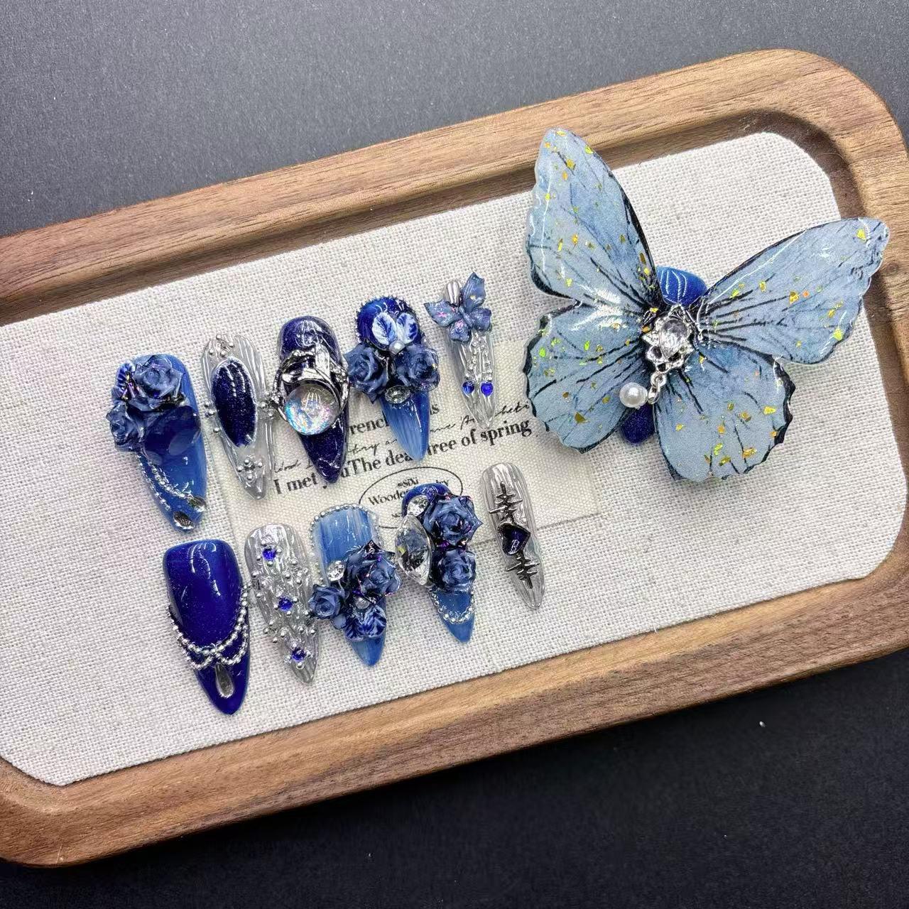 Handmade Blue Butterfly Nail Tips: Medium-Long, Pointed, 11-Finger Design for Elegant Wear