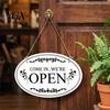Waterproof Store Signage Wooden Open Closed Sign, Double-Sided Hanging Door Sign with Vintage Oval Shaped Welcome Plaque Frame, Storefront Business