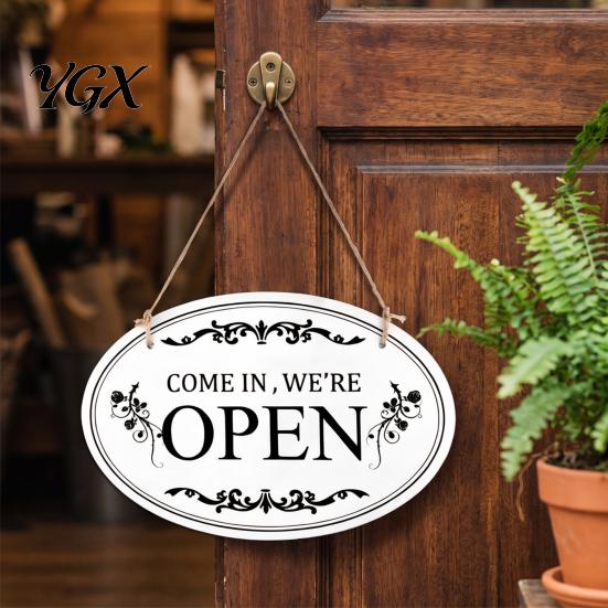 Waterproof Store Signage Wooden Open Closed Sign, Double-Sided Hanging Door Sign with Vintage Oval Shaped Welcome Plaque Frame, Storefront Business
