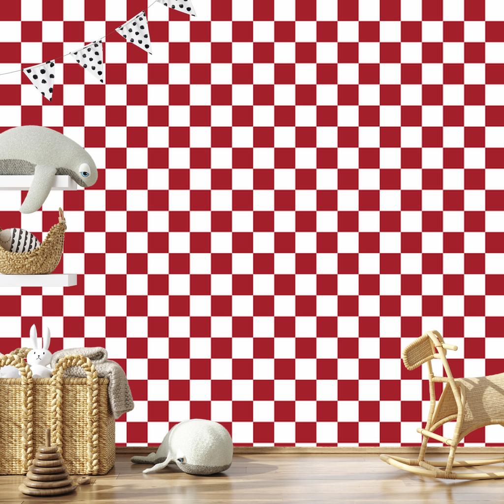 Checkerboard Wallpaper Red, White and Coral for Living Room and Bedroom 50x1000