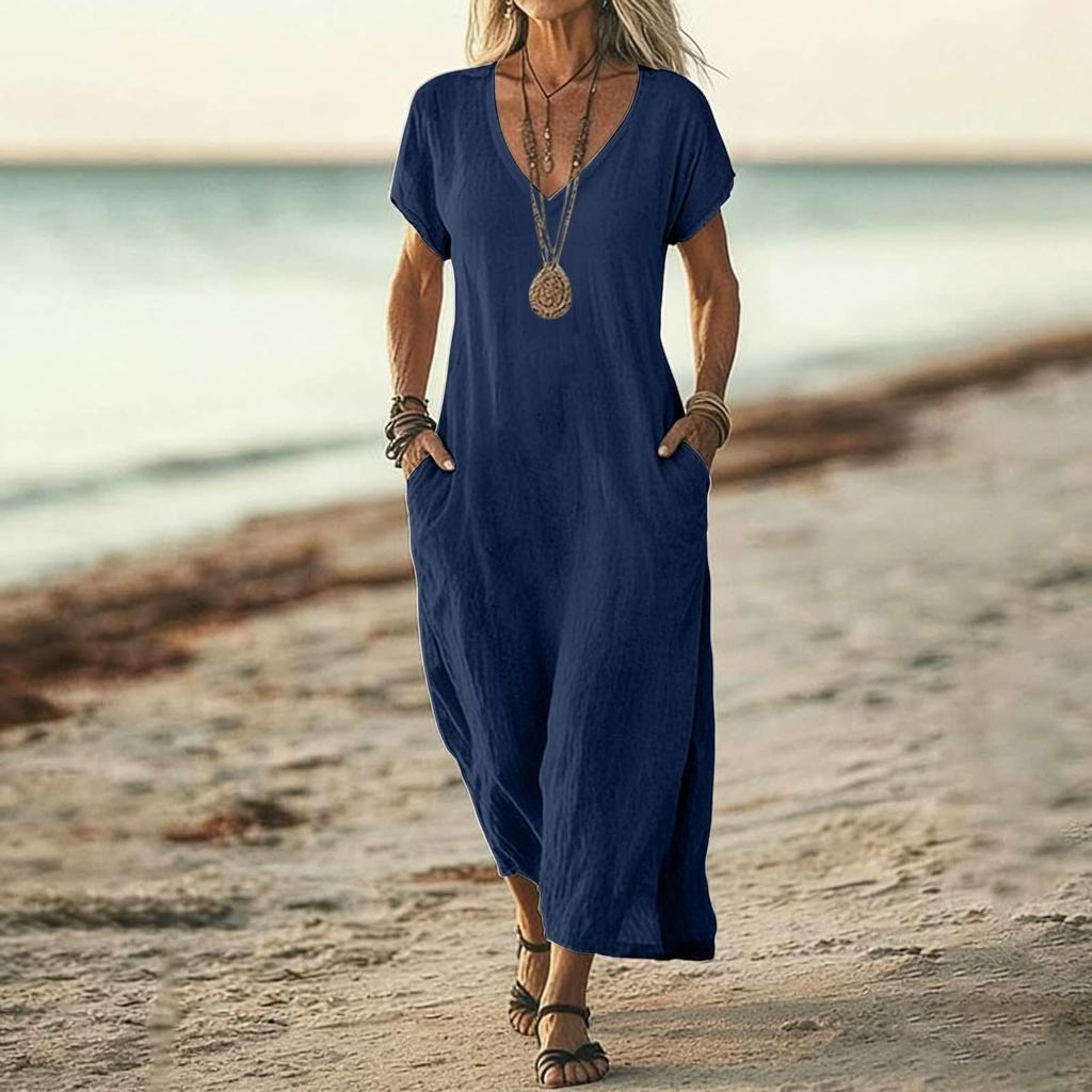 Women V Neck Short Sleeve Loose Fit Maxi Dress with Pockets Casual Summer Lightweight Long Dress for Daily Wear