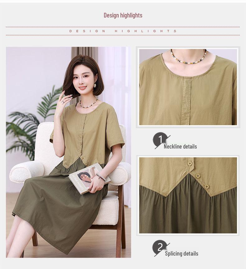 Mom's Summer 2025 Color Block Two-Piece Look Cotton Loose Mid-Length Dress