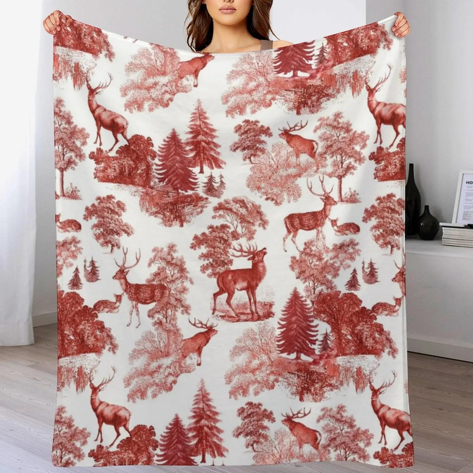 

Elegant Vintage Red Deer Country Toile Throw Blanket Cozy Napping Blanket Gift for Mom Dad 102x76cm(40x30in)