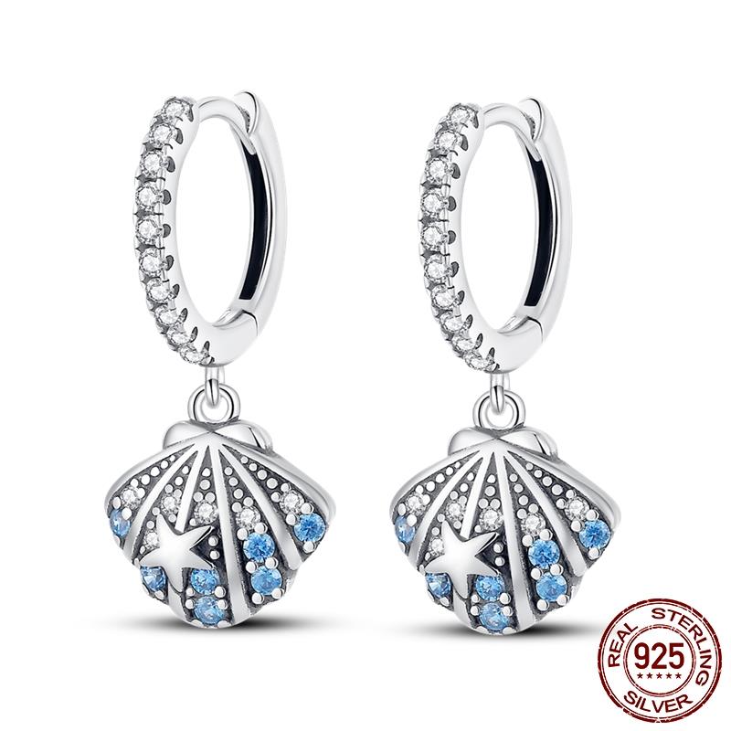 Luminous Shell Women Earrings Original 925 Sterling Silver Pave CZ Star Moon Hoop Earrings Engagement Wedding Jewelry