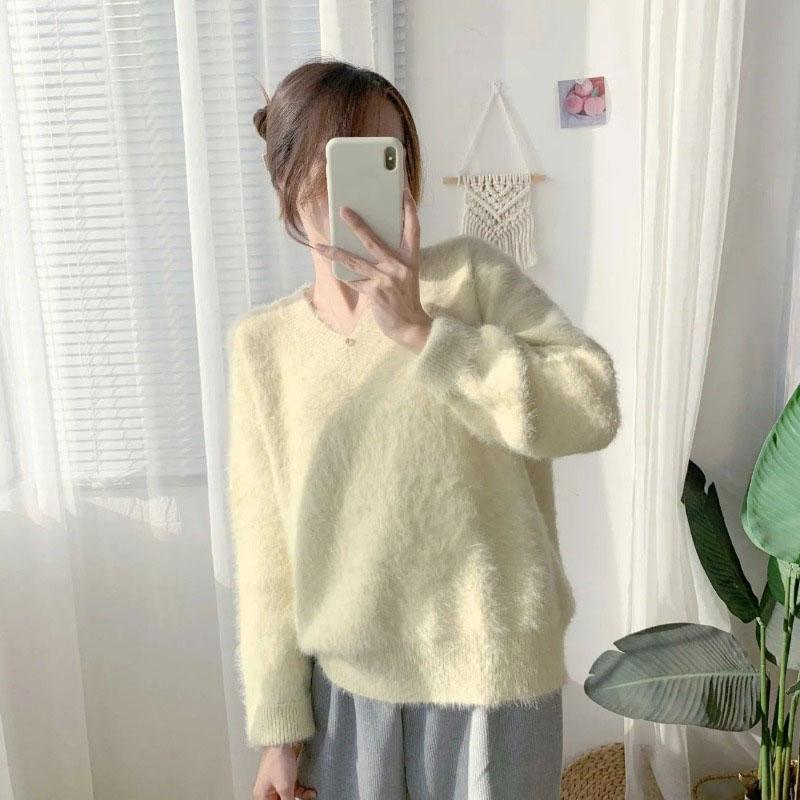 Autumn/Winter Imitation Mink Fleece Sweater for Women Loose Outerwear Pullover V-Neck Top for Women Knitwear Pullover Women
