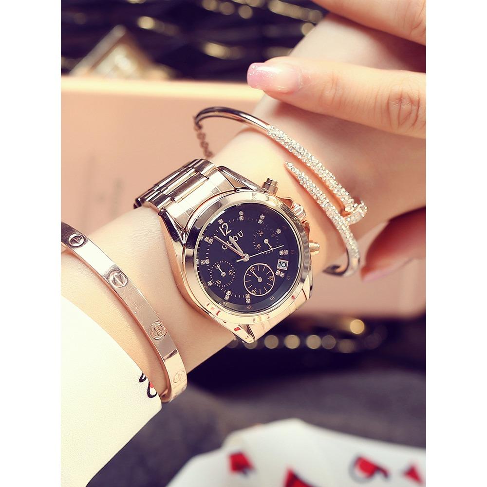 

Женские часы с тремя ушками, стальной браслет, многофункциональные женские кварцевые часы, наручные часы с календарем и ремешком для женщин