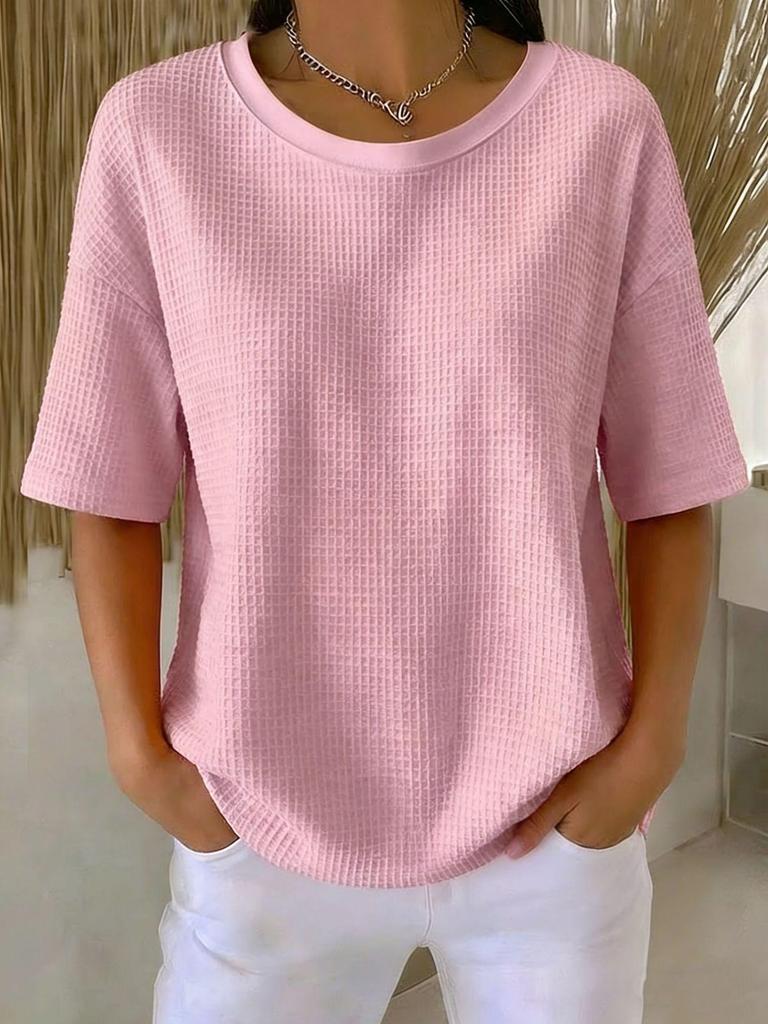 2026 Summer New Fashion: Simple Solid Color Waffle Knit Round Neck Short Sleeve Top