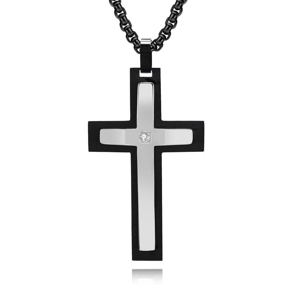 New Double-layer Four-sided Chamfered Cross Diamond-encrusted Pendant Original Design Retro Men s Hip-hop Necklace 60CM