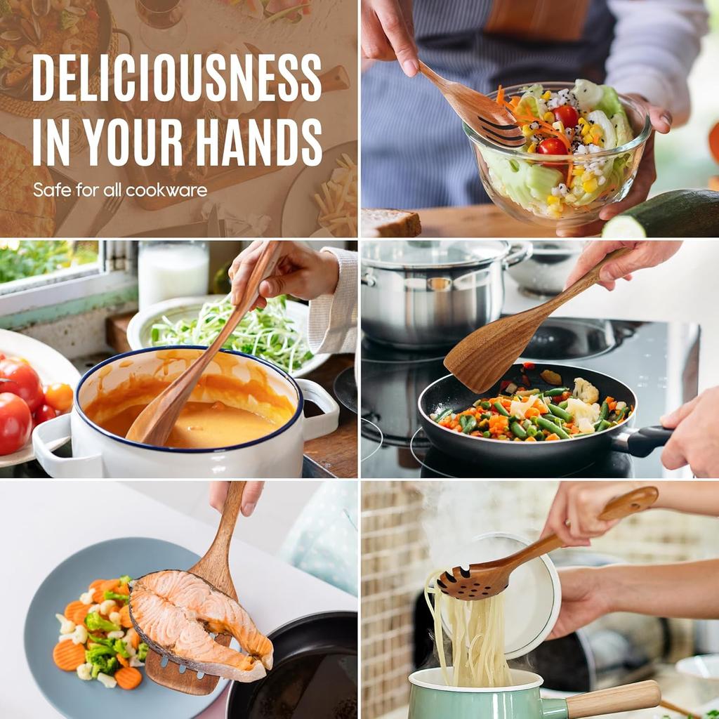 5 PCS Wooden Spoons for Cooking Natural Teak Kitchen Utensils Set Smooth Non-Stick Surface Cooking Utensils Set Soft Comfort-Grip Wooden Spatula Set