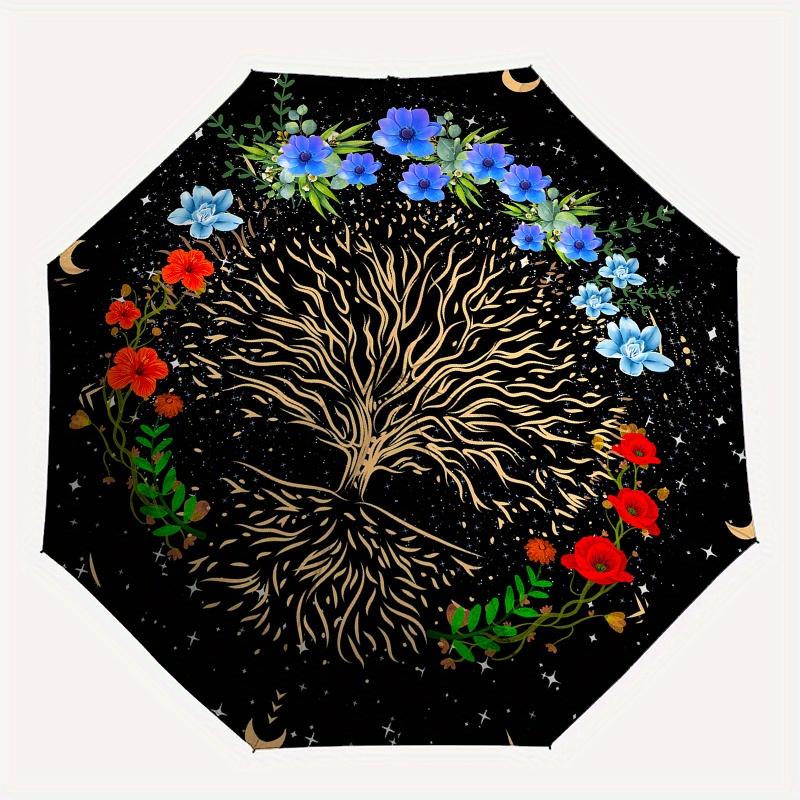 Starry Night Tree of Life Wall Art DecorUmbrella, Portable 3-Fold Compact Umbrella for Men & Women Gift