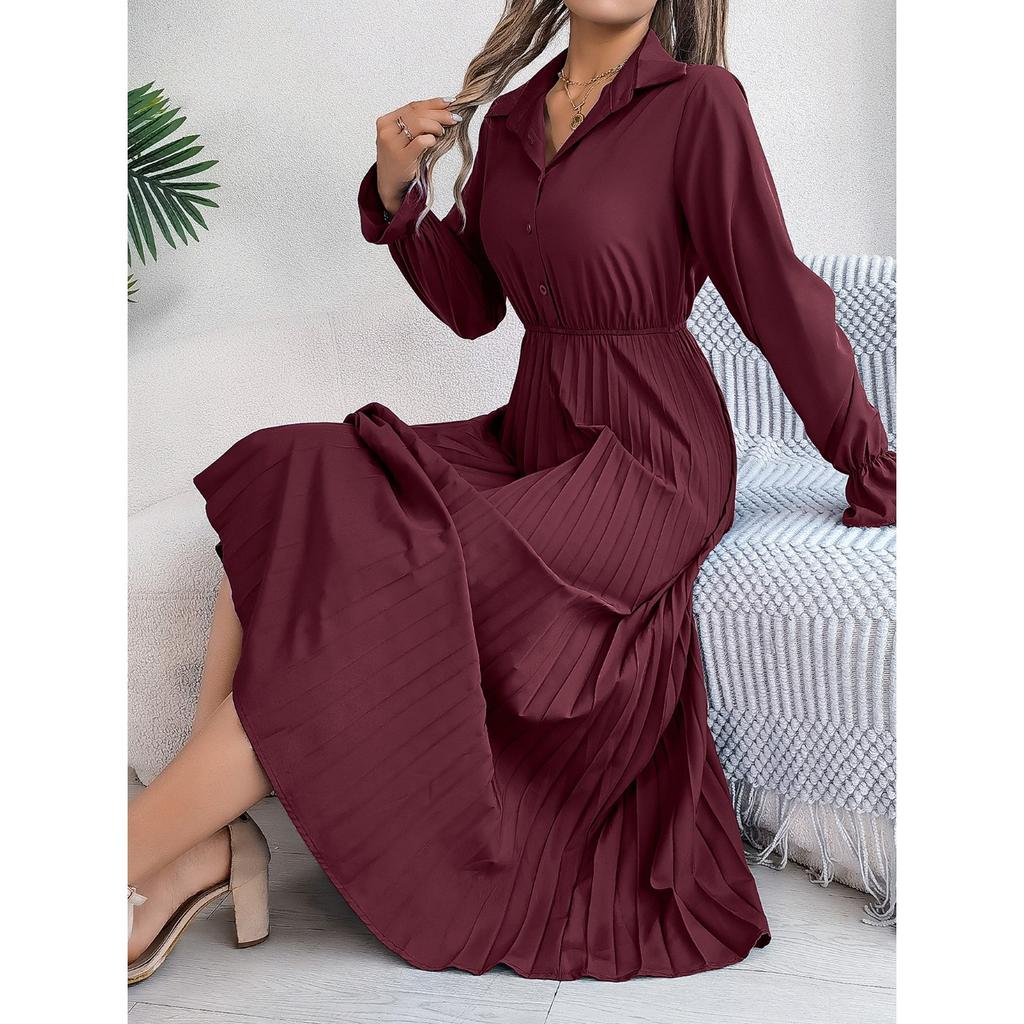 GMXIA Autumn and Winter Casual Lapel Button Long-sleeved Waist-cinching Pleated Long Dress Women's Clothing