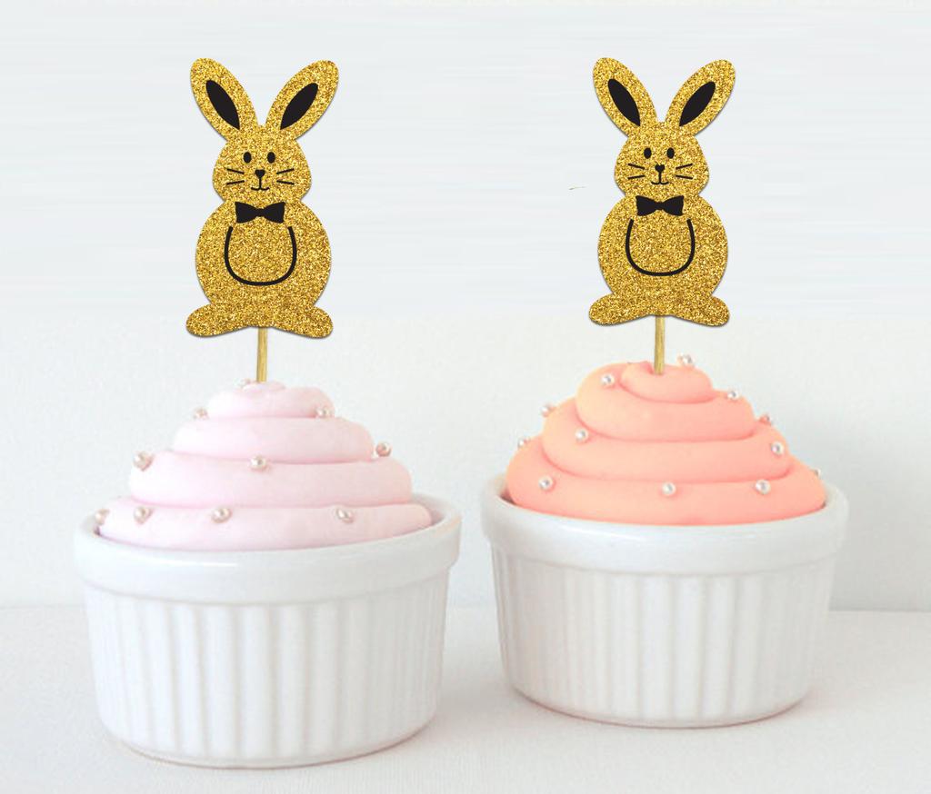 Darling Souvenir | Třpytivé zlaté velikonoční zajíček, ozdoby na muffiny, dezertní dekorace, ozdoby na muffiny - sada