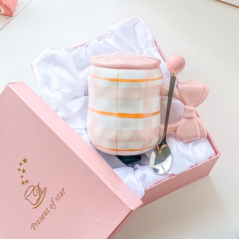 Ins hochwertiger Becher mit Deckel Löffel süßes Mädchen Paar Kaffeetasse Büro Haushalt Keramik Trinkbecher