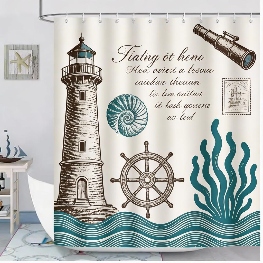 Modern Nautical Anchor Lighthouse Sailing Shower Curtain 180 X 200Cm Washable Polyester Shower Curtain With 12 Hooks