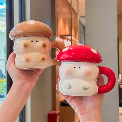 Taza de hongo linda, taza de cerámica nueva de alto valor con tapa, regalo de cumpleaños para niñas
