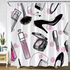 Pink Perfume High Heel Shower Curtain Set Black White Stripes Fashion Girl Woman Bathroom Decor Polyester Bathtub Curtains Hooks