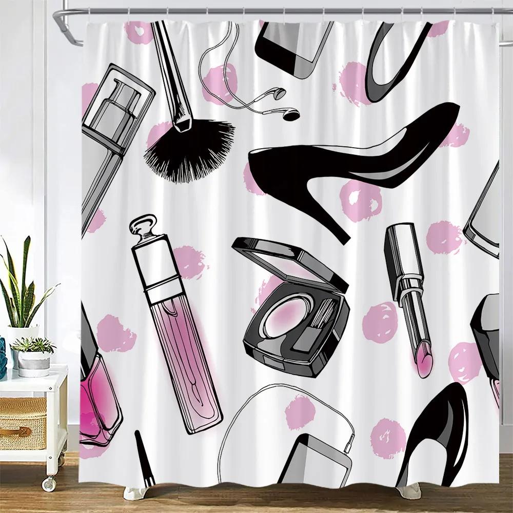 Pink Perfume High Heel Shower Curtain Set Black White Stripes Fashion Girl Woman Bathroom Decor Polyester Bathtub Curtains Hooks