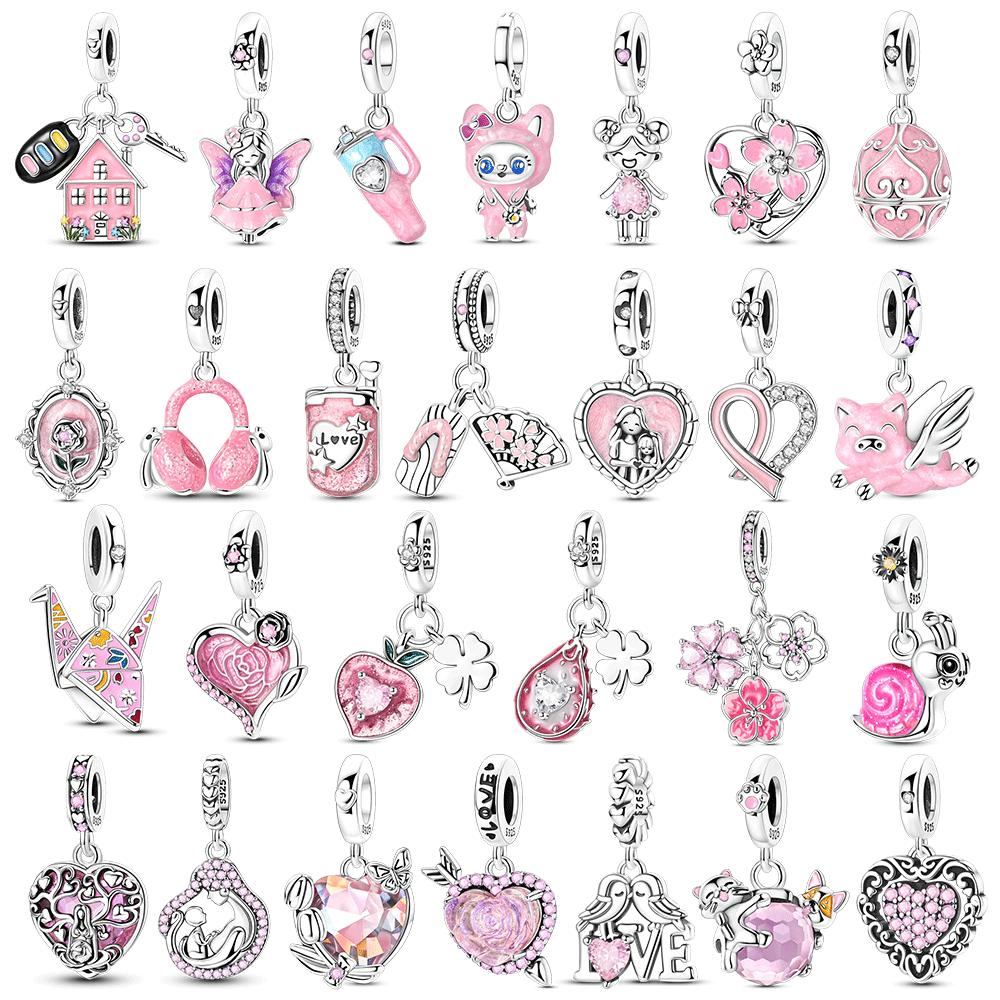 Romantic Sweetheart Pink Color Charms Bead 925 Silver Zircon Love Heart Pendants Fit Original Bracelet DIY Jewelry Gift