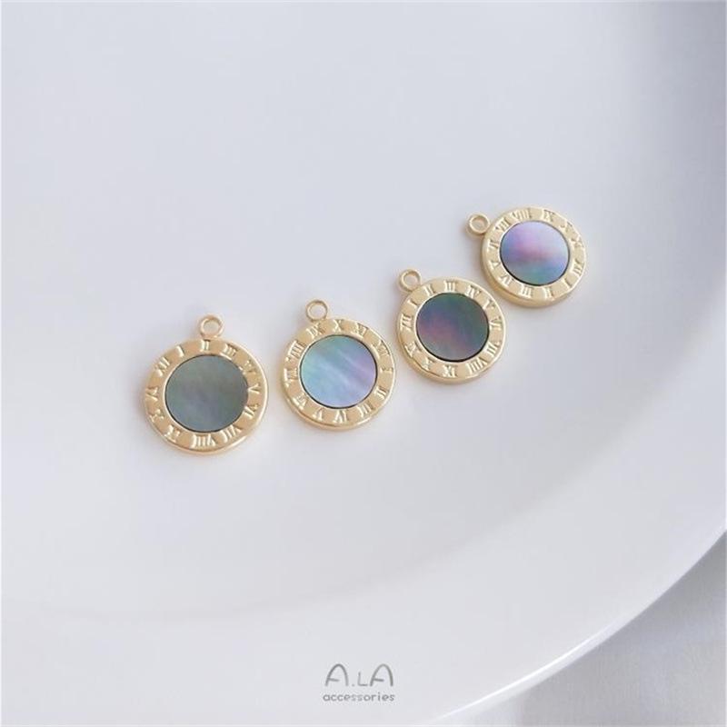 14K Gold-Filled Roman Numeral Disc Pendant with Inlaid Natural Grey Mother-of-Pearl Chain Necklace/Bracelet Charm