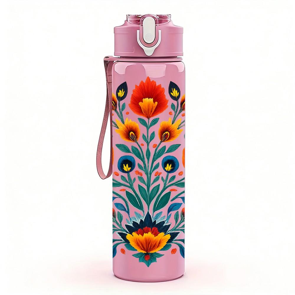 1PC Multi Color Folk Flower 750ml Color Plastic Sports Water Bottle Leakproof Flip Straw Lid Suitable for Sports Office Home Use