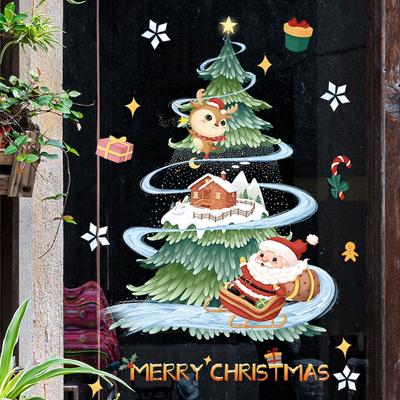 Cartoon Christmas Window Sticker Noel Glass Wall Decor Xmas Tree Static Electricity Sticker Moon Santa Elk Merry Christmas 2025