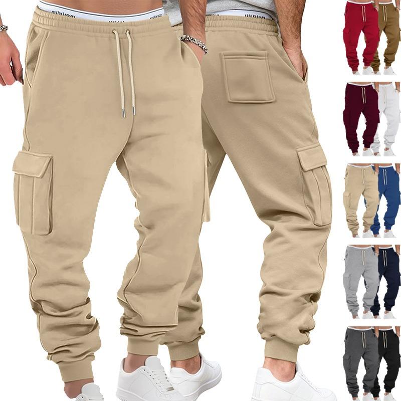 Autumn and winter fleece men's casual overalls men's multi-pocket drawstring sports and leisure long