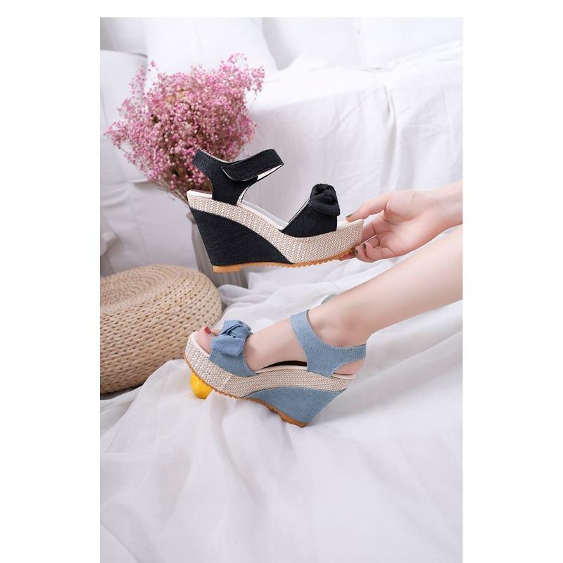 Women's Summer Slope Heel Bow Open Toe Velcro Fashion Fish Mouth Thick-soled High-heeled Sandals
