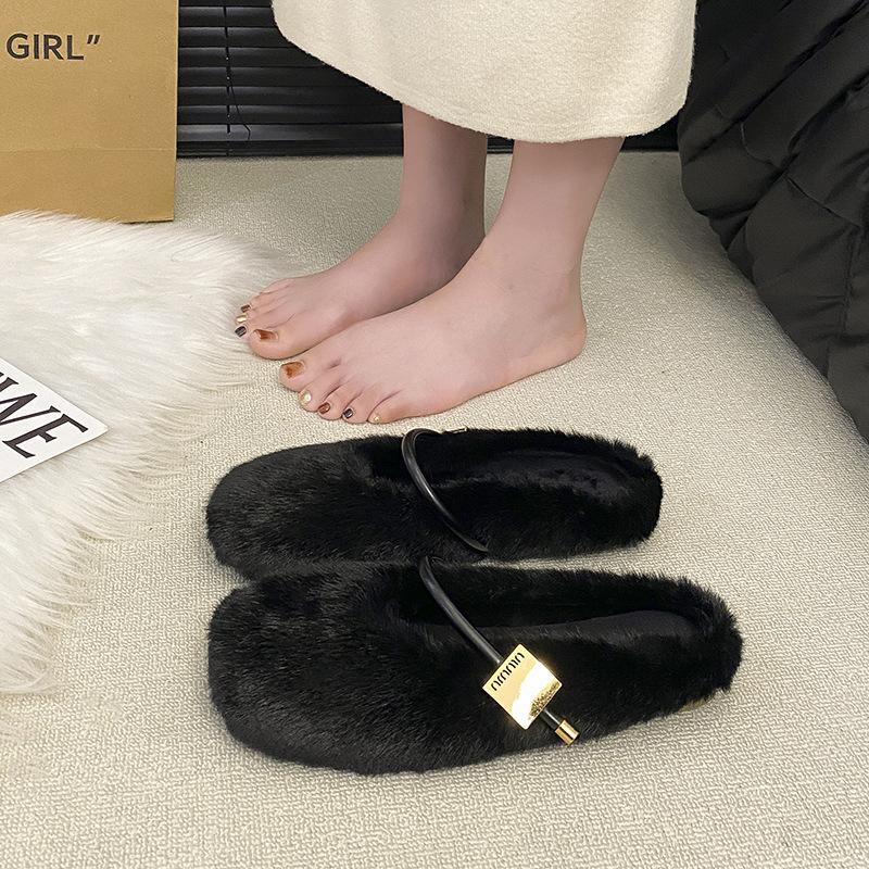 Fairy wind flat-bottomed Mary Jane fluffy shoes women's shoes wear 2025 new autumn and winter warm plush slippers