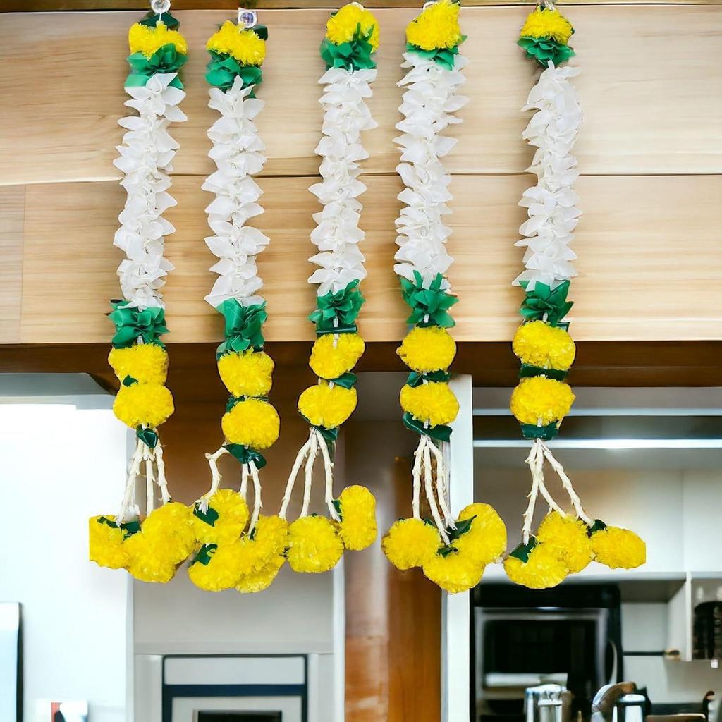Handmade Artificial Jasmine Gajra Marigold Garland Tassels & Bells Traditional Decor for Diwali/Wedding/Festivals (Gajra Latkan/2Ft/5pc)
