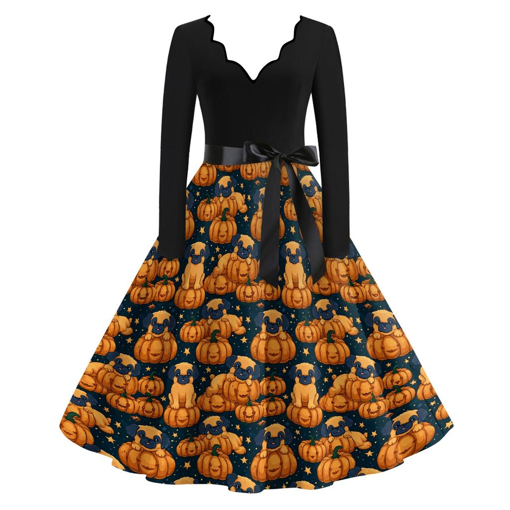 Women's Casual V-Neck Long Sleeve Halloween Print Vintage Dress for Halloween Party