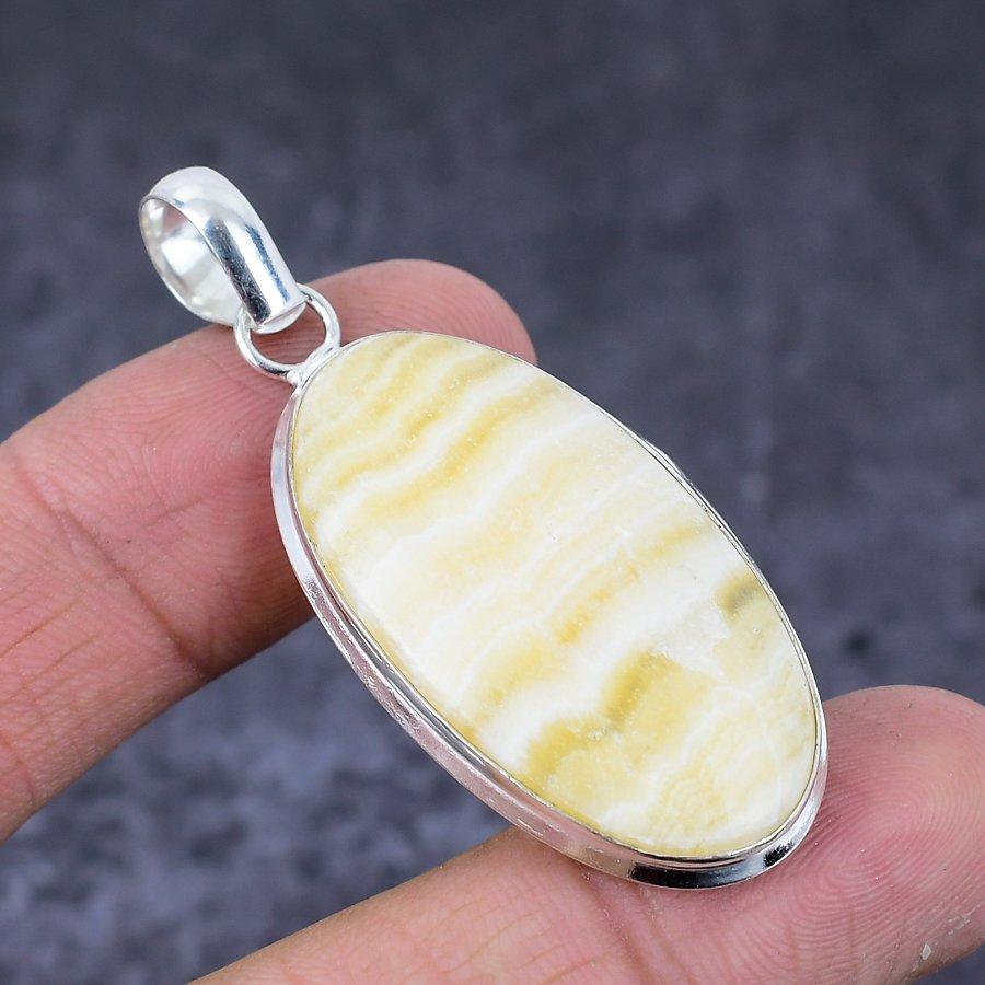 Yellow Septarian Gemstone Handmade 925 Sterling Silver Pendant 2.17" Q3f95